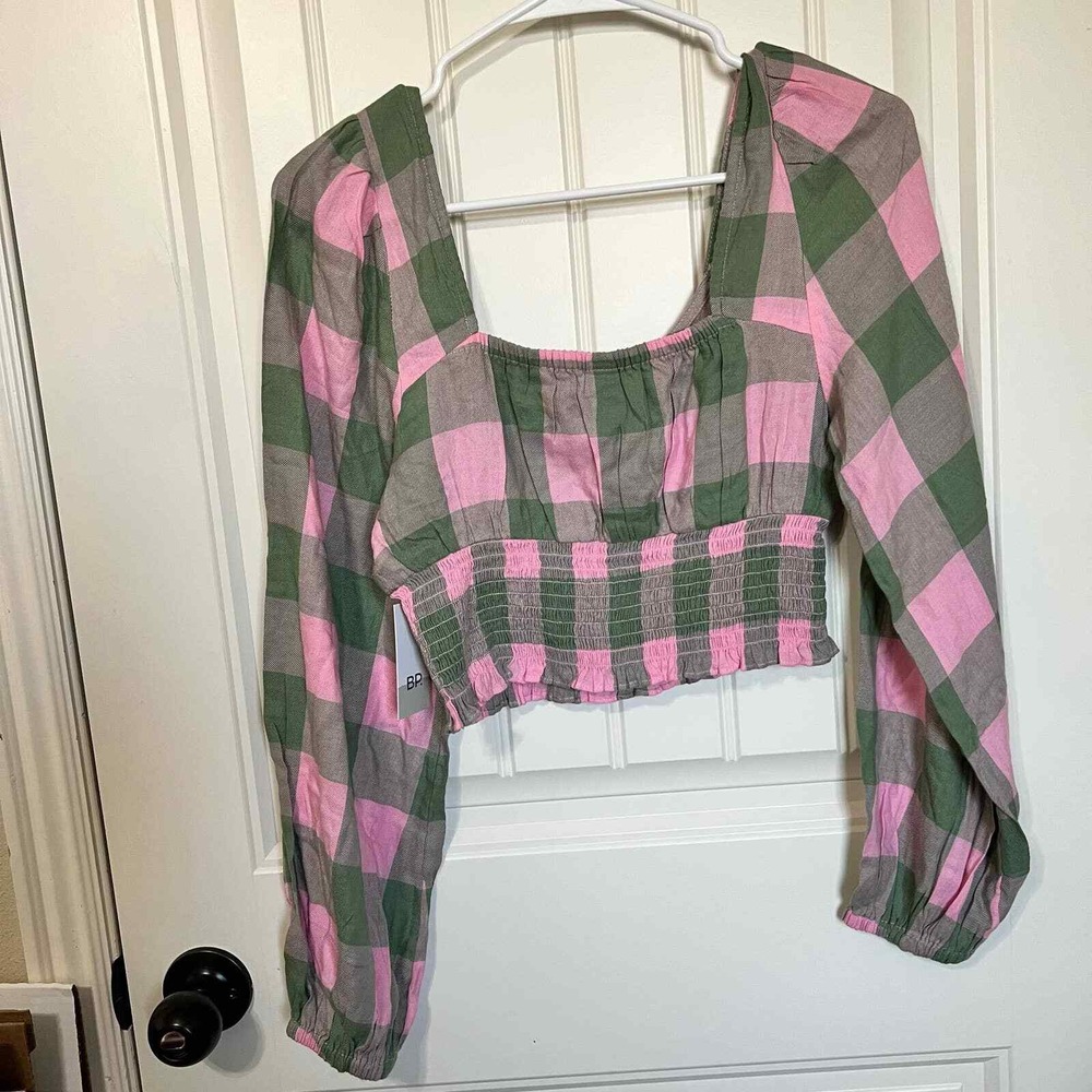 BP Plaid Square Neck Smocked Crop Top Long Sleeve Pink Green Womens Size S - Picture 6 of 6